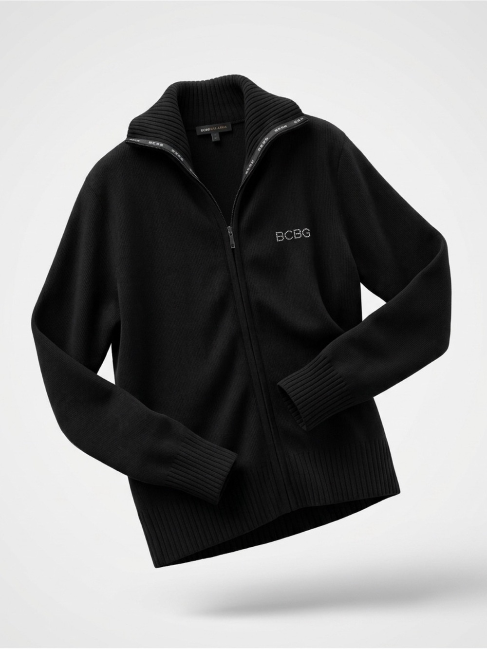 Vintage Y2k BCBG Black Rhinestone Logo Full-Zip Knit Sweater -Size M